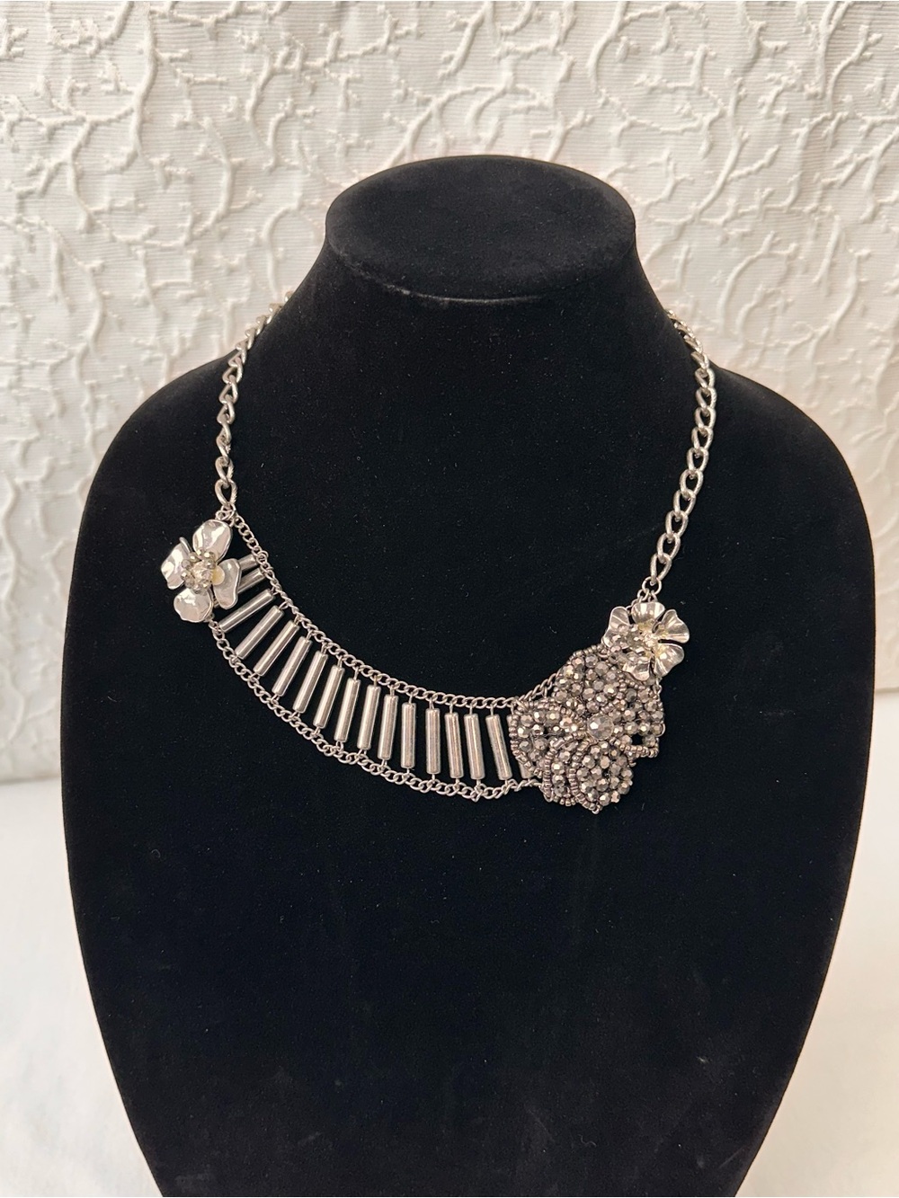 Silver Floral Crystal Statement Necklace